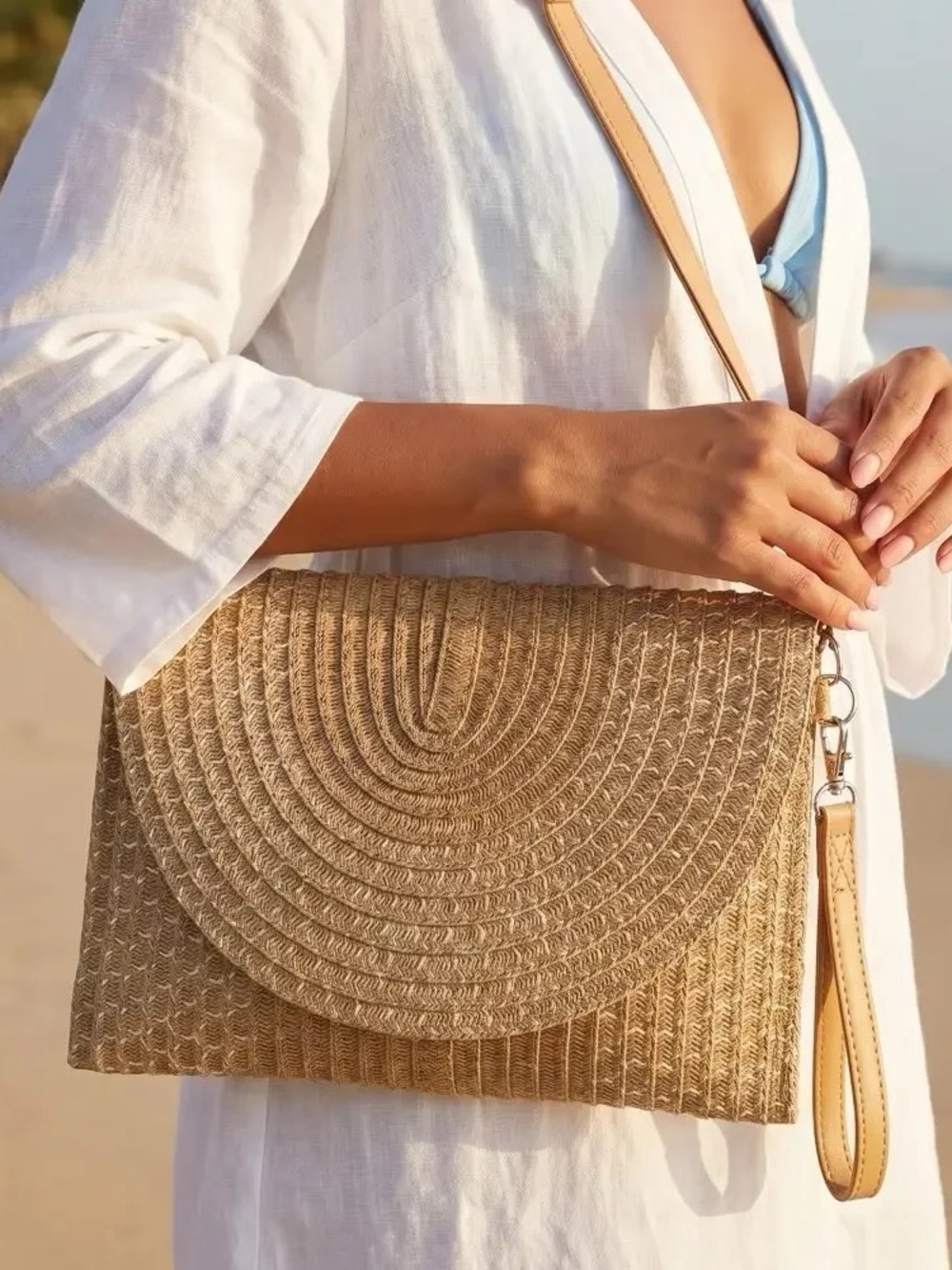 Woven Straw Semicircle Flap Crossbody Bag with shoulder and wristband strap - Picture 2 of 3